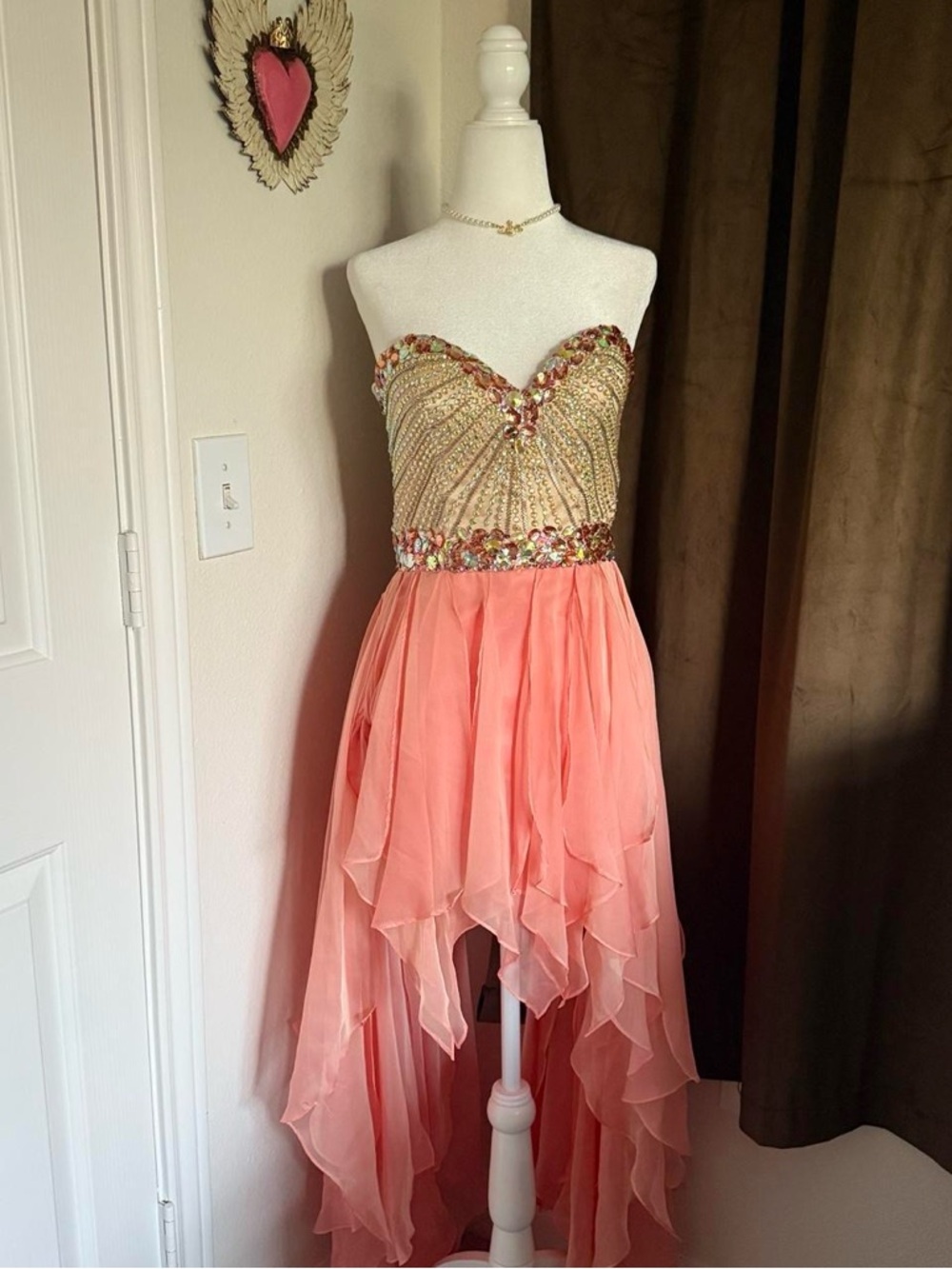 Sherri Hill Coral High-Low Chiffon Dress with Beaded Gold Bodice